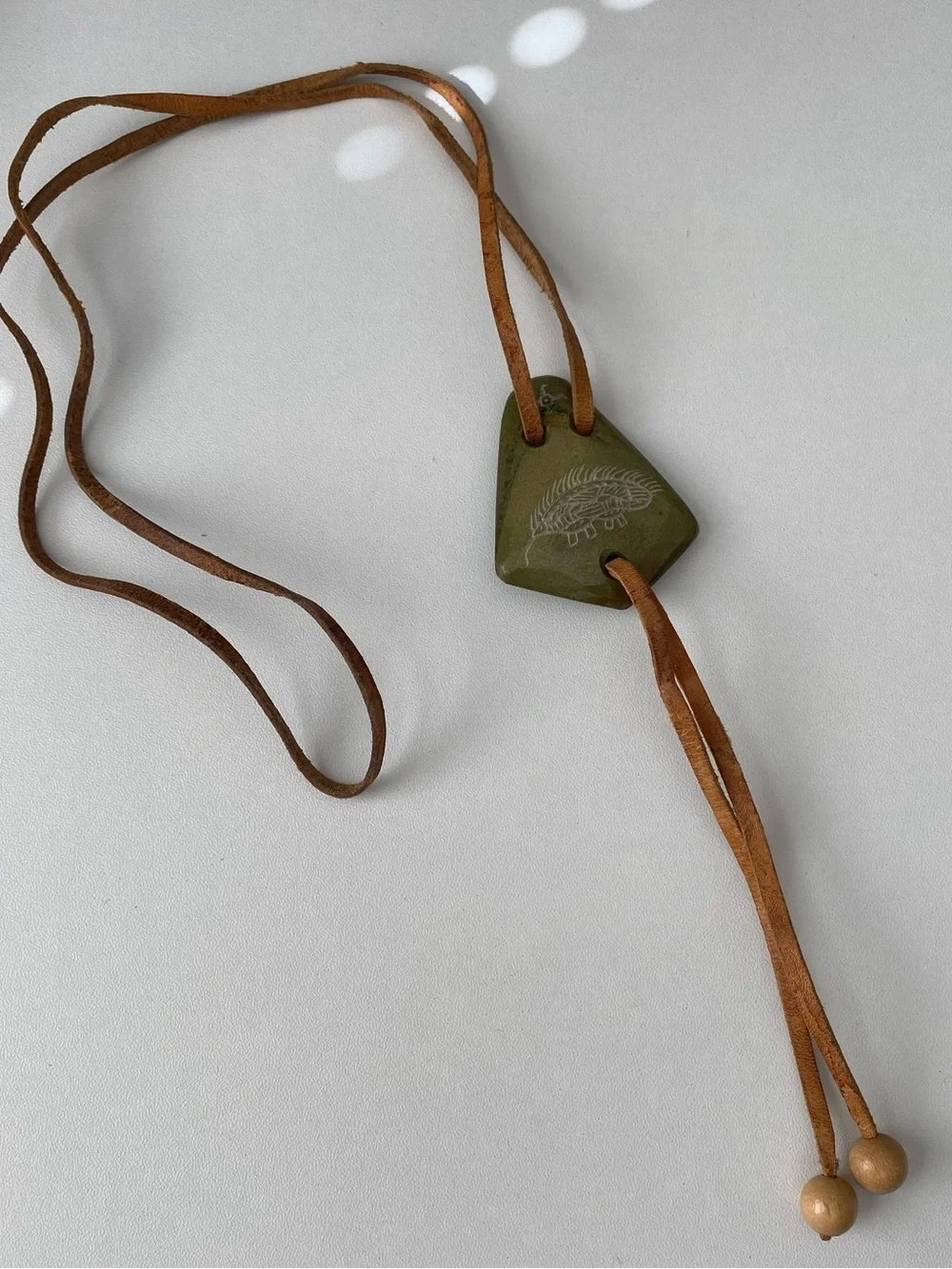 Olive Green Stone Pendant Leather Lariat Necklace Bolo with  Etching - unisex